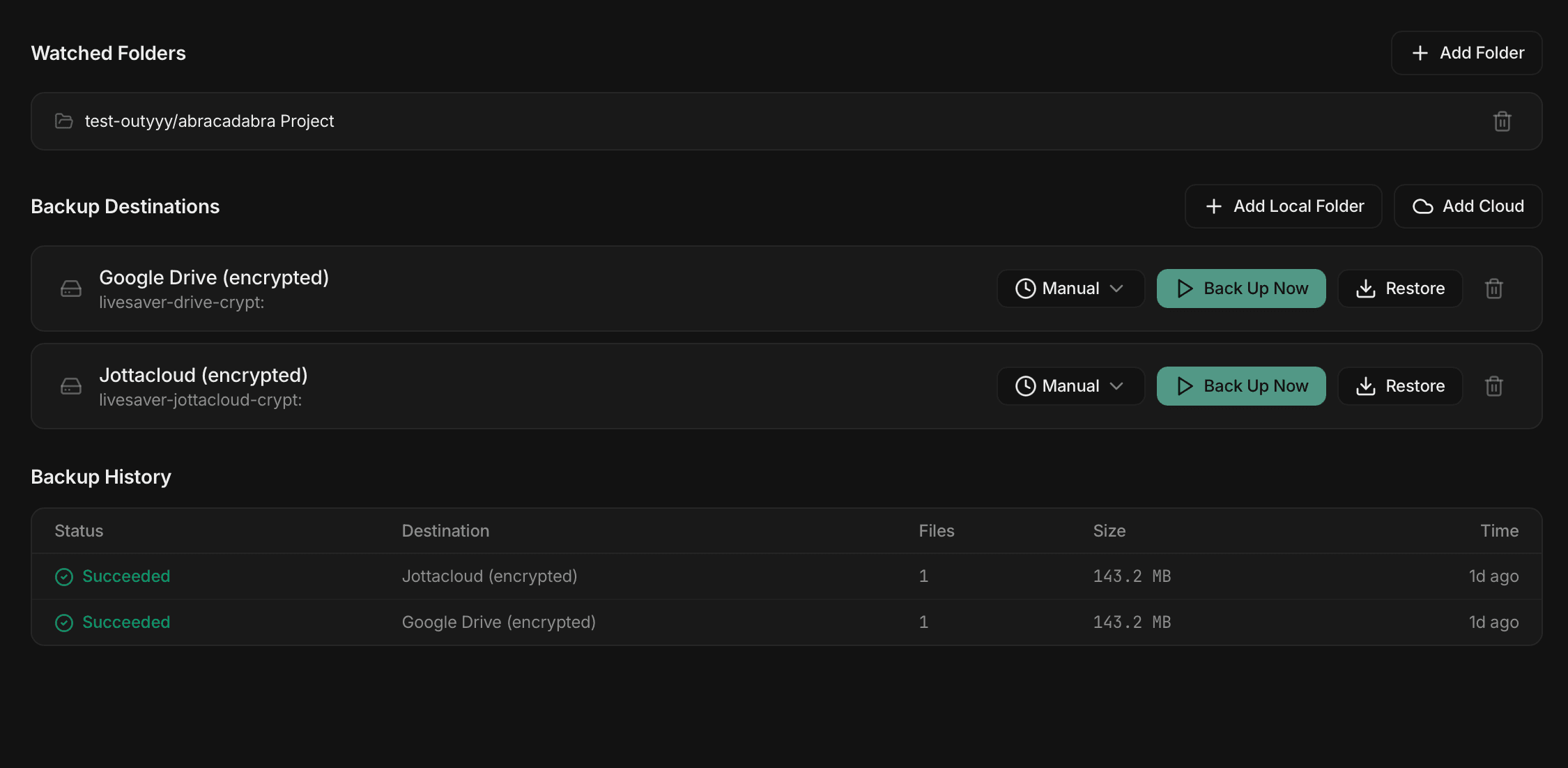 Backup settings with cloud destinations