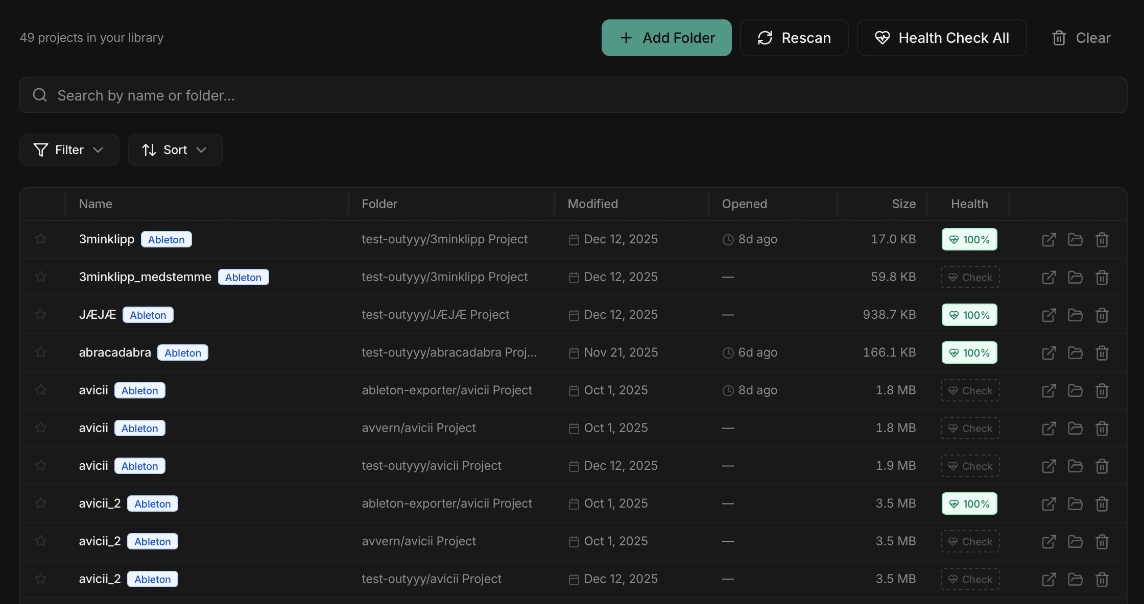Project library with health scores